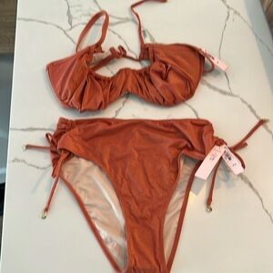 Victoria Secret High Waisted Shiny Rust Colored Swimsuit, top 36D bottom medium